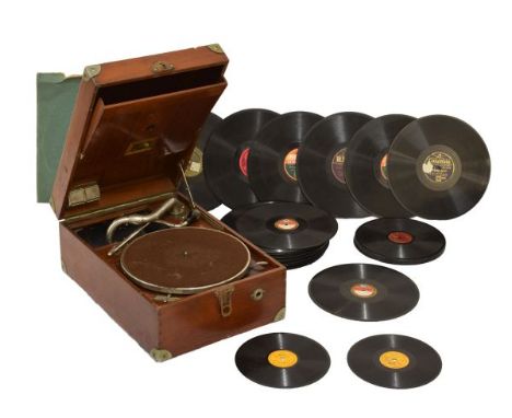 HMV teak cased portable gramophone Model 101 or Colonial Model, 41cm x 28.5cm, together with a selection of 78rpm records inc