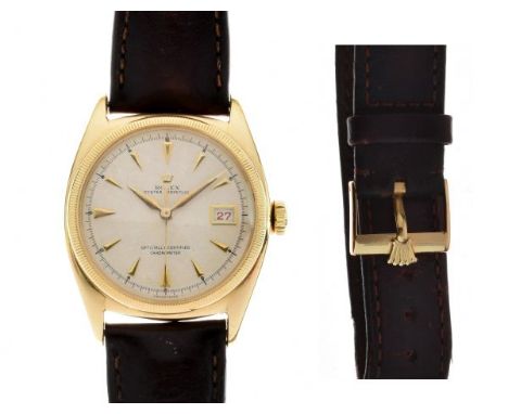 Rolex - Gentleman's 18ct gold Oyster Perpetual automatic chronometer wristwatch, ref: 6105, milled edge bezel, the off-white 