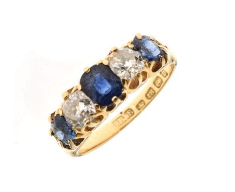 Victorian five stone diamond and sapphire 18ct gold ring, Birmingham 1882, the two old brilliant cuts estimated as totalling 