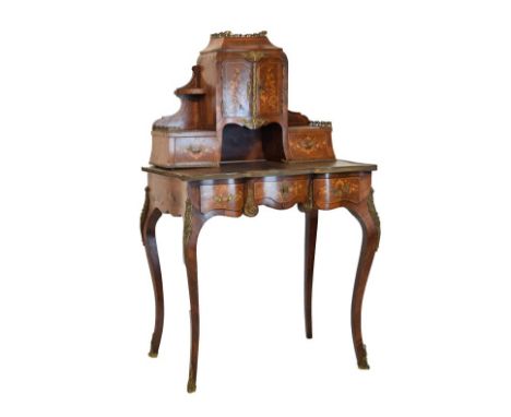 Late 19th Century French inlaid rosewood bonheur-du-jour, the superstructure with pierced gilt metal gallery top over bowfron