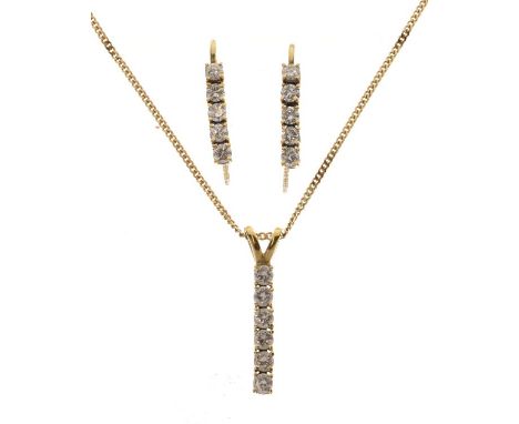 Diamond pendant on chain with matching earrings, the articulated line of six brilliant cuts totalling approximately 0.6 carat