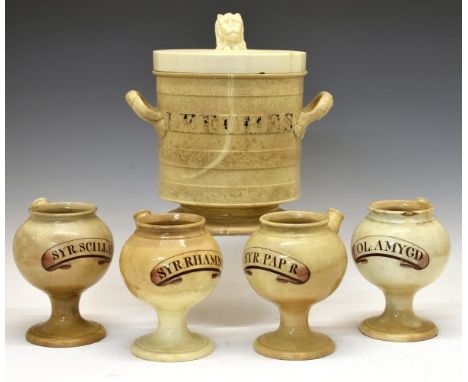 Three 19th Century apothecary's creamware syrup jars, each having a painted title cartouche, moulded mask head decoration to 