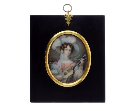 J. Bailey - 19th Century oval miniature - Half length portrait of a lady playing a parlour guitar and wearing a wide brimmed 