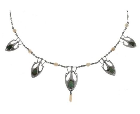 Art Nouveau/Jugendstil turquoise and freshwater pearl necklace, the frontispiece of shield shaped panels with freshwater pear
