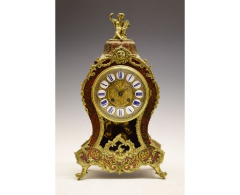 Late 19th Century French red boulle mantel clock, Japy Freres, Paris, the 12.5cm diameter cellular Roman dial having blue ena