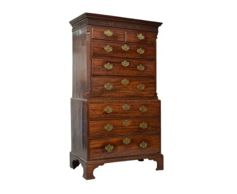 19th Century mahogany chest-on-chest or tallboy, in the George III taste, the upper section having a moulded cornice with bli