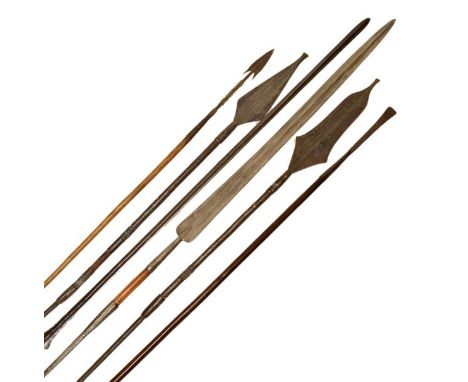 Six African spears, including two Masai spears, one of 206cm in length, one of 195cm with broader blade, the first having tri