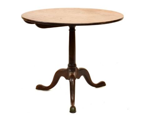George III mahogany snap-top tripod occasional table, the circular top on a turned 'gun barrel' stem with three cabriole supp