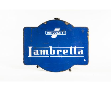 A Lambretta double sided enamelled signmeasuring 90cm x 72cm, slight loss too enamel, close inspection advised. Lot to be sol
