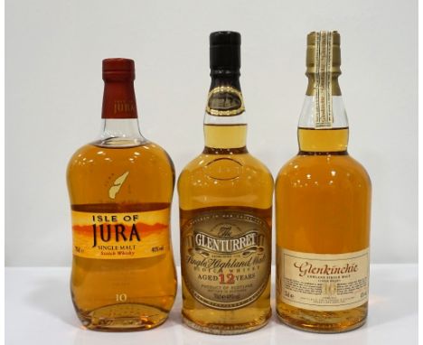 SELECTION OF THREE MALT WHISKIES
Comprising: ISLE OF JURA 10 YEAR OLD single malt scotch whisky.  70cl.  40% abv.  Level low 