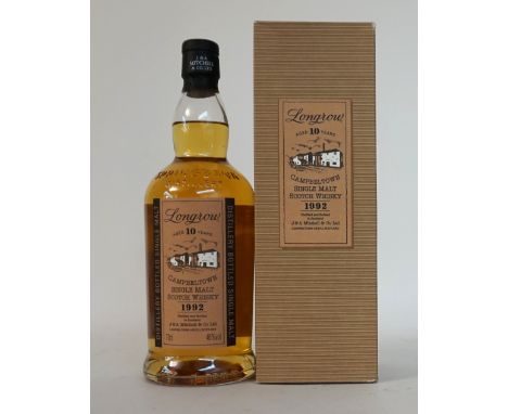 LONGROW 1992
A bottle of LONGROW 10 YEAR OLD VINTAGE 1992 Single Malt Scotch Whisky.  70cl.  46% abv.  In original box.  Leve
