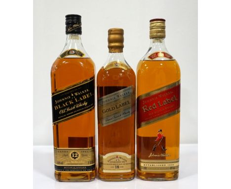 SELECTION OF THREE JOHNNIE WALKER WHISKIES
Comprising: JOHNNIE WALKER RED LABEL Blended Scotch Whisky.  1 Litre.  40% abv.  I