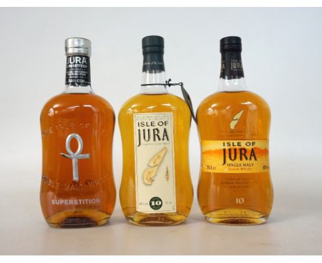 3 ISLE OF JURA
A selection of Isle of Jura Single Malt Scotch Whiskies.  ISLE OF JURA 10 YEAR OLD.  70cl.  40% abv.  With old