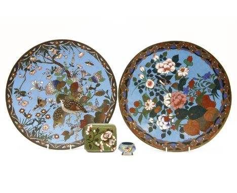 Two 1920s Japanese cloisonné chargers, blue ground with a floral and bird motif, a 1920s cloisonné cigarette case and a clois