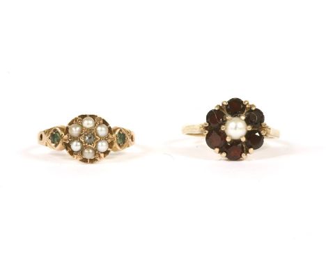 A 9ct gold garnet and cultured pearl cluster ring, and a Victorian gold and seed pearl cluster ring, with emerald set points 