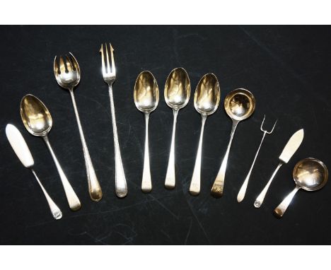 A small collection of silver flatware, to include a caddy spoon (marks worn), together with a pair of Walker & Hull silver pl