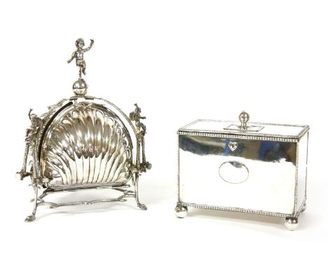 A Georgian silver plated tea caddy, with ball feet and two internal lift out boxes, and a Victorian silver plated trefoil bis