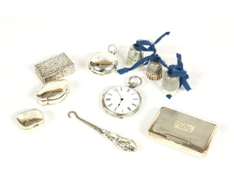 A collection of silver items, to include a silver cased open faced pocket watch, a silver sovereign holder, a table snuff box