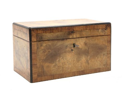 A Victorian crossbanded walnut tea caddy, with twin divisional interior, 14.5cm high, 15.5cm wide with key