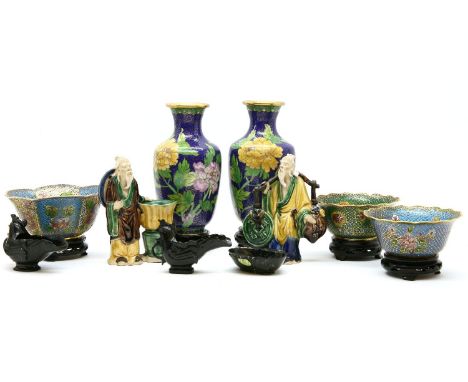 A collection of Oriental items, to include cloisonne, glazed ceramic figures, and carved stone figures, etc