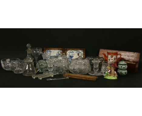 A pair of framed Delft tiles, a Kutani coffee pot, a collection of cut glass and boxed John Jenkins vases, a Langham paperwei