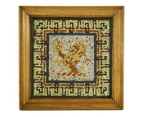 A coloured mosaic panelled stand, depicting a lion rampant, within a multicoloured friezed border, wood stand, with a photoco