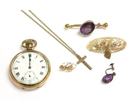 A collection of jewellery to include, a single stone amethyst bar brooch, claw set to a bar with split bead finials, tested a