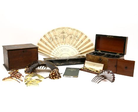 A Tunbridgeware tea caddy, a chinoiserie lacquered box containing a fan, an oak box containing tortoiseshell and faux tortois