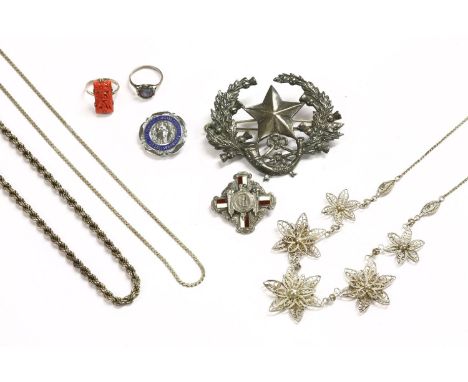 A large collection of costume jewellery, to include a silver carved coral floral plaque, a silver floral ring, a filigree nec