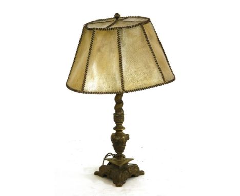 A heavy brass table lamp and shade with triform base, 86cm high