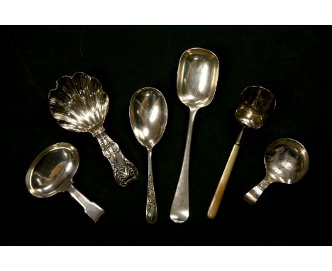 A Victorian silver caddy spoon with shell bowl and Queen’s pattern handle, Newcastle, 1853, together with two Georgian silver