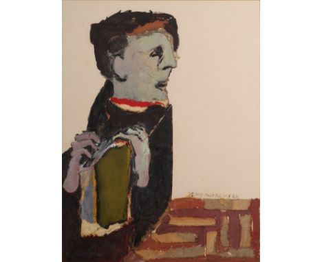 Benny Andrews,&nbsp;American 1930-2006 -&nbsp;Portrait, 1962;&nbsp;oil and collage on paper 'Benny Andrews 62', 59.7 x 49.7 c