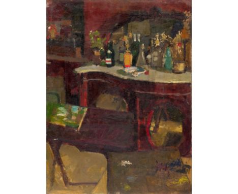 Christopher Chamberlain,&nbsp;British 1918-1984 -&nbsp;Bottles and Chiffonier (with 'Still life study' on the reverse);&nbsp;