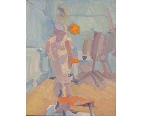 Francis Hoyland,&nbsp;British b.1930 -&nbsp;Figure in studio, c.1960;&nbsp;oil on board, 30 x 23.3 cm (ARR)&nbsp;Provenance:&