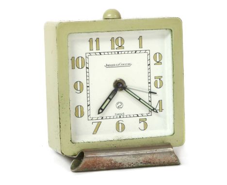 An Art Deco Jaeger-LeCoultre two day travel alarm clock, with lime green case and red fitted travel case, 7.2cm wide, 9.0cm h