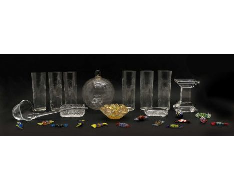 A collection of mid-20th century glass ware, to include a Waterford crystal pedestal, a cut glass hanging globe, six engraved