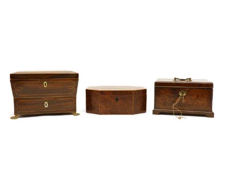 Three 19th century boxes, the first a Regency rosewood sewing box with brass lion's mask and ring handles.Condition report: S