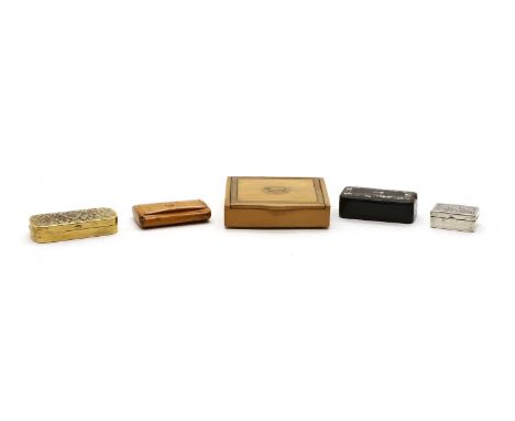 A collection of snuff boxes, to inlcude a mauchline ware style example with marquetry and roundel depicting Romulus and Remus