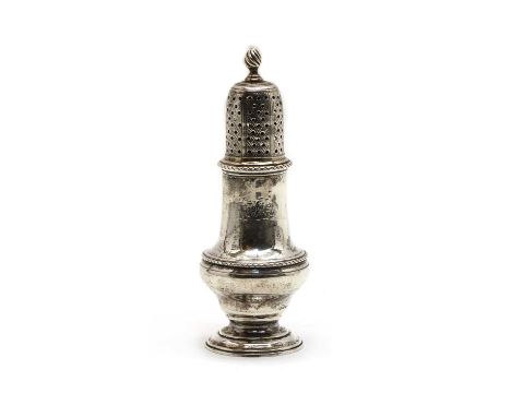 A George III silver caster, possibly by Jacob Marsh or John Moore, London 1766, with flame finial, baluster form on a spreadi