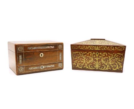 Two 19th century boxes; the first a Regency period brass inlaid rosewood tea caddy, with open interior and a pair of flush br