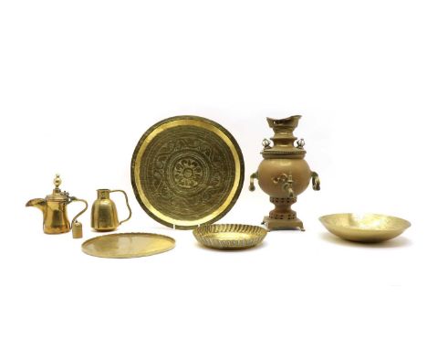 A collection of brass items, predominantly Eastern, to include a Persian dallah coffee pot, 17cm high, a similar vessel decor
