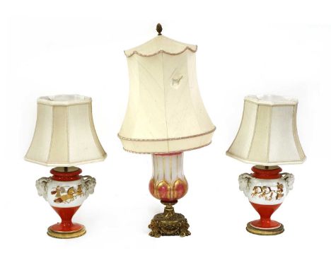 A Bohemian glass table lamp, with cut and gilt decoration, 42cm high to fitting, together with a pair of Continental porcelai