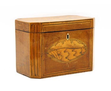 A George III mahogany and satinwood inlaid tea caddy, 18cm wide, 10.5cm deep, 12.5cm highCondition report: Worn - interior em