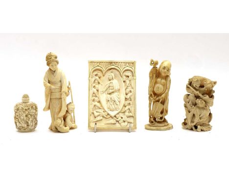 Three Japanese ivory okimono, Meiji period (1868-1912), comprising: a lady playing with a cat with a boy seated ber her feet,