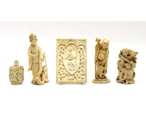 Three Japanese ivory okimono, Meiji period (1868-1912), comprising: a lady playing with a cat with a boy seated ber her feet,