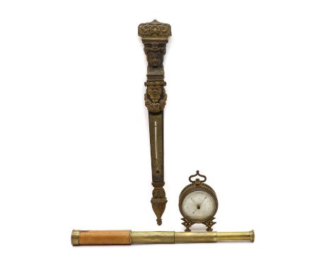 A brass three drawer telescope, by Winter, Newcastle upon Tyne, 45cm long, together with a holbsteric barometer, 16cm high, a