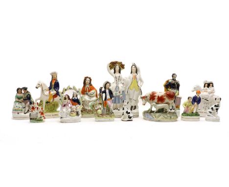 A collection of Staffordshire figure groups, to include cow and calf, 15cm high, boys playing cricket, 17cm high, and little 