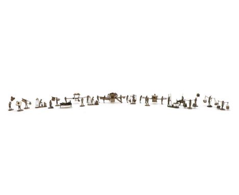 Twenty Chinese miniature silver coloured metal items, comprising: three sedan chair groups, each carried by two or four beare
