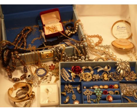 Large quantity of ladies costume jewellery including necklaces, bangle, compact, watches, etc.