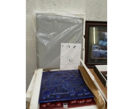 Set of 4 ceramic fruit basket tiles, metal tv stand